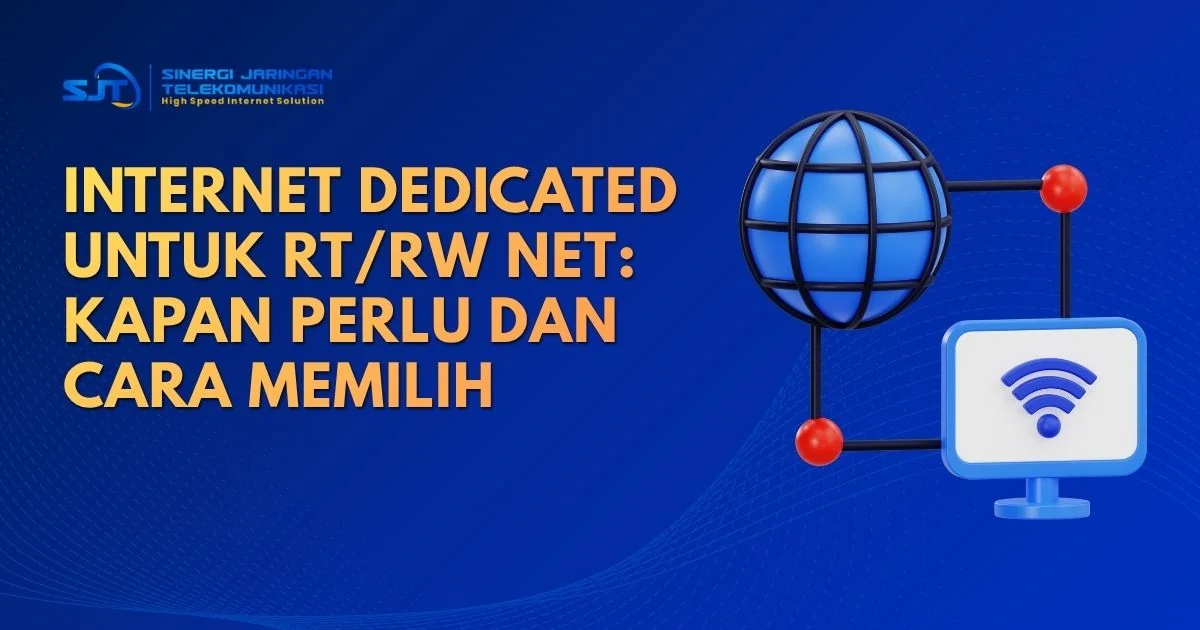Cover artikel internet dedicated untuk RT/RW Net dengan ilustrasi jaringan dan monitor WiFi