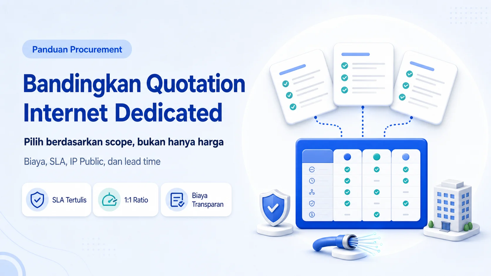 Tim IT dan procurement membandingkan quotation internet dedicated di depan layar indikator jaringan