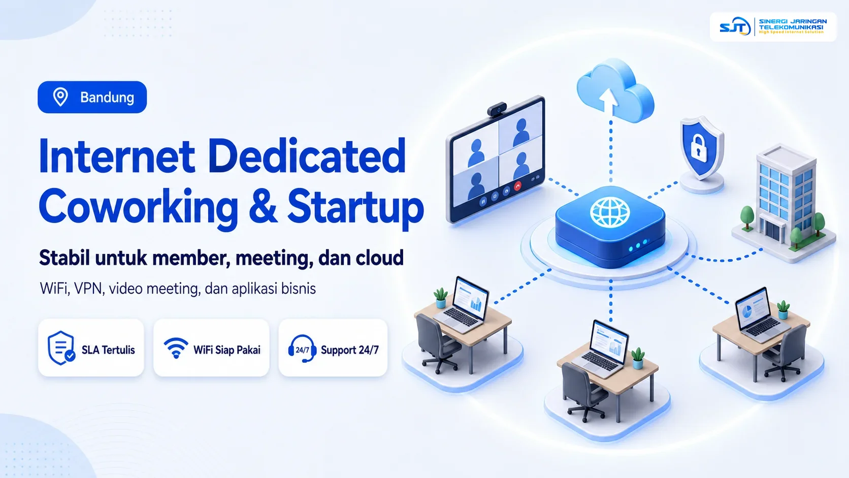 Ilustrasi coworking space di Bandung dengan jaringan internet dedicated, meeting online, dan akses cloud