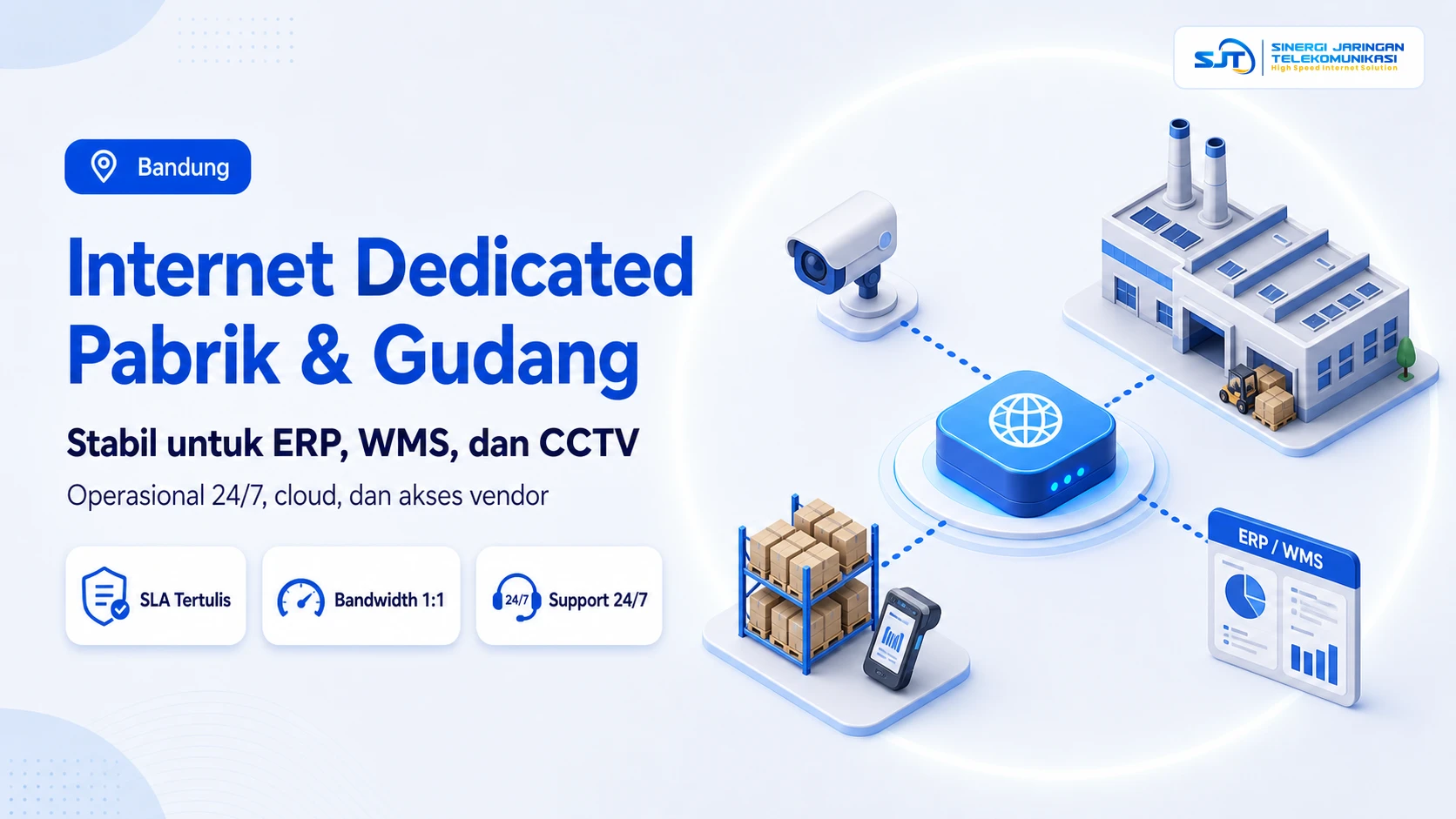 Ilustrasi pabrik dan gudang di Bandung yang terhubung ke ERP, WMS, CCTV, dan jaringan internet dedicated