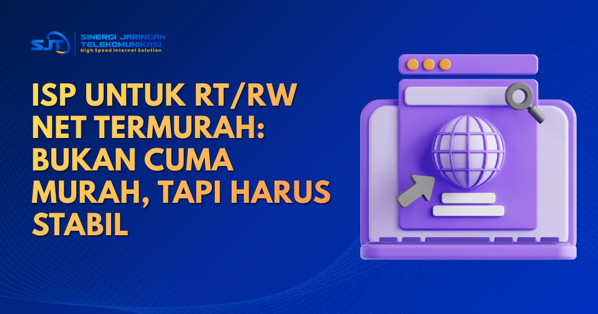 Cover artikel ISP untuk RT/RW Net termurah dengan ilustrasi jaringan dan monitor WiFi