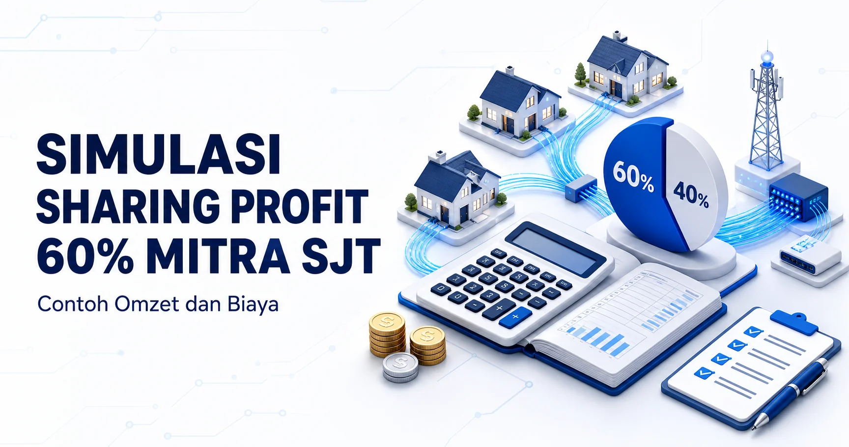 Ilustrasi simulasi sharing profit 60% Mitra SJT dengan kalkulator, ledger, dan jaringan pelanggan ISP